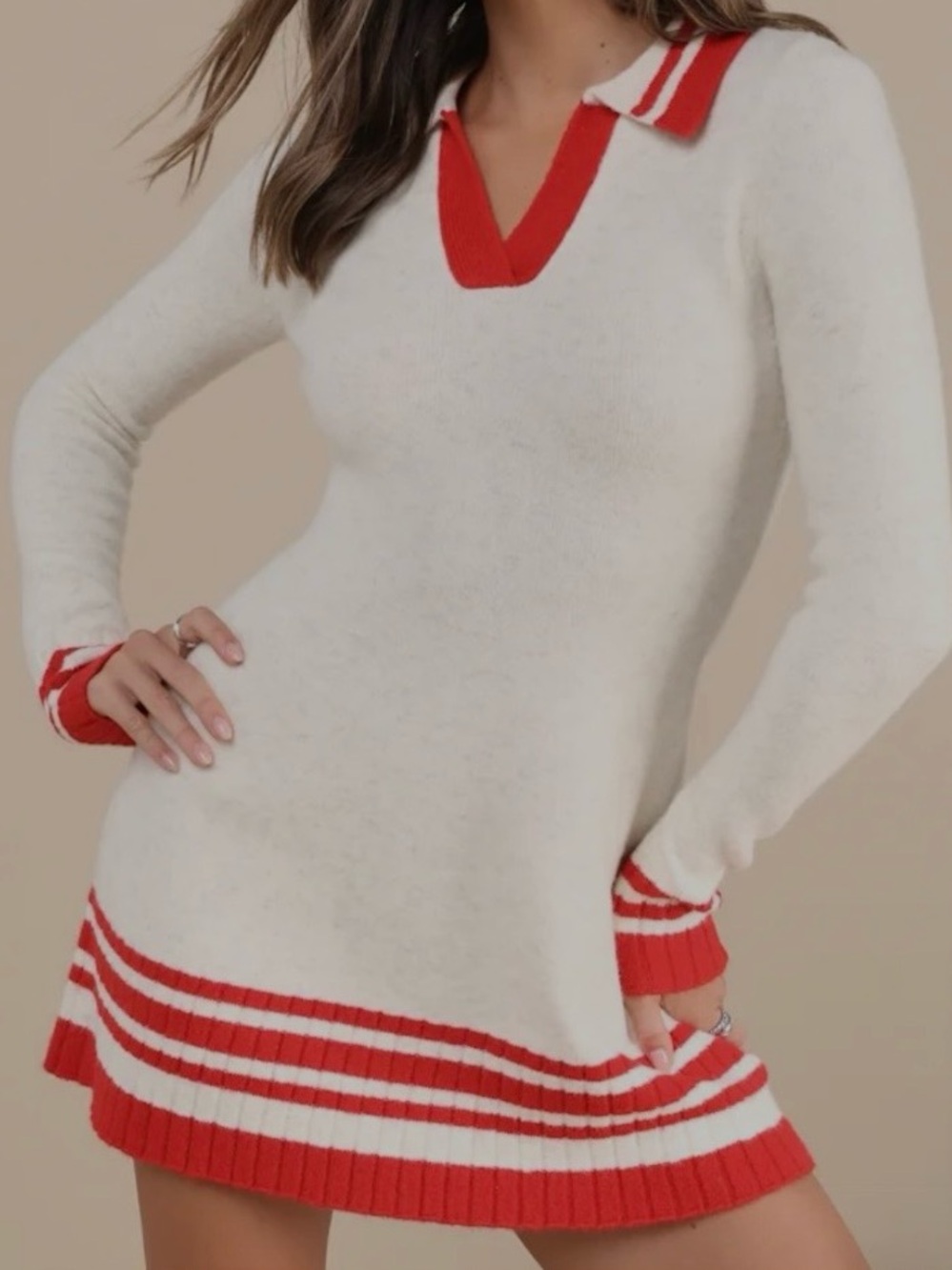 Soft Serenity Heather Ivory and Red Collared Sweater Varsity Mini Dress Game Day